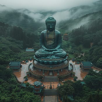 Giant Buddha Statue Overlooking a Misty Landscape, The majestic figure merges with the fog, a sentinel of peace and enlightenment.