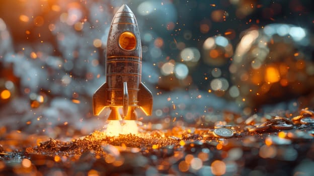 The rocket begins to take off . The concept of financial growth with a rocket taking off.