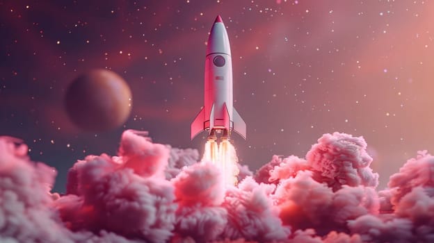 The rocket begins to take off . The concept of financial growth with a rocket taking off.