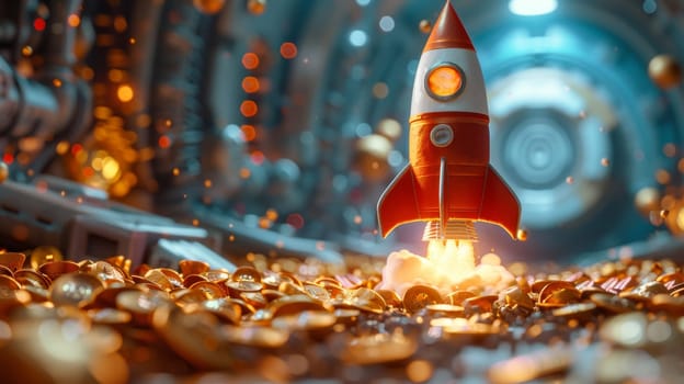 The rocket begins to take off . The concept of financial growth with a rocket taking off.