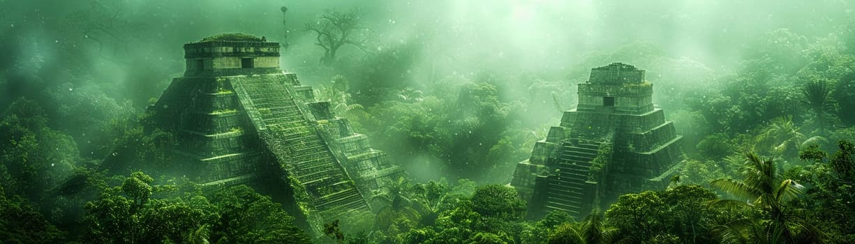 Mayan Pyramid Edges Blurring into a Jungle Canopy, The structure's silhouette merges with the foliage, a relic of Mesoamerican spirituality.