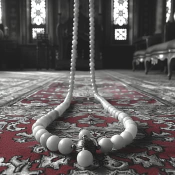 Muslim Prayer Beads Laid Gently on a Prayer Mat, The beads' outline softens, signifying devotion and the recitation of prayers.