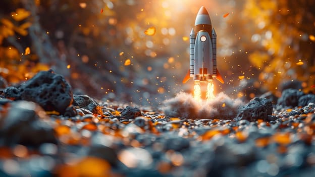 The rocket begins to take off . The concept of financial growth with a rocket taking off.