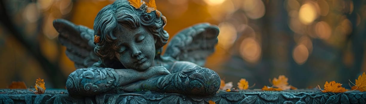 Angel Statue Silently Guarding a Timeless Cemetery, The statue's outline blurs with the trees, a silent sentinel of memory and eternity.