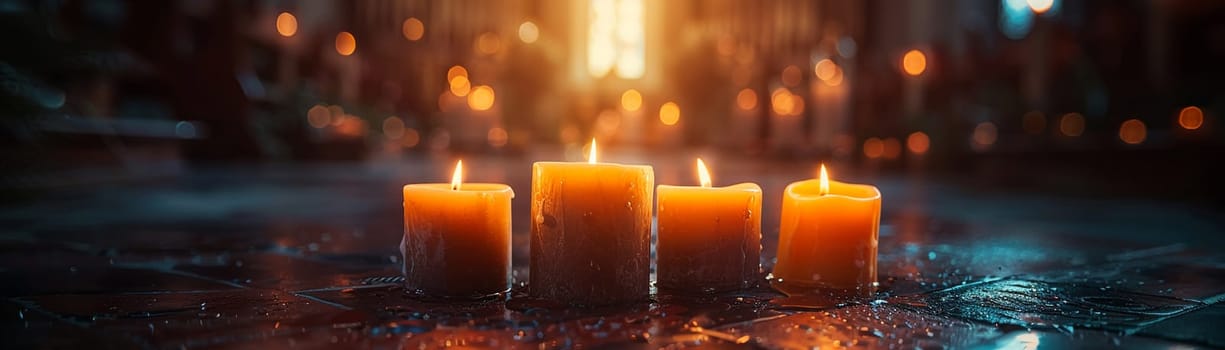 Glowing Candles in a Darkened Sanctuary Signifying Light and Guidance, The soft light blurs into a symbol of warmth and divine presence.