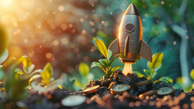 The rocket begins to take off . The concept of financial growth with a rocket taking off.