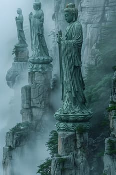 Bodhisattva Statues in Misty Mountain Temples, The figures blur into the mist, embodying compassion and the path to enlightenment.