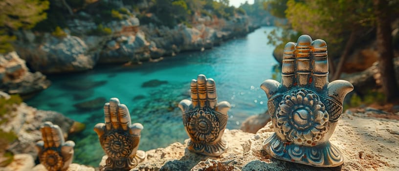 Hamsa Hand Amulets Overlooking a Mediterranean Seascape, The protective symbols blur with the sea, guarding against the evil eye.