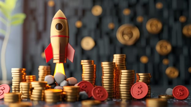 The rocket begins to take off . The concept of financial growth with a rocket taking off.