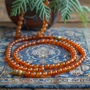 Muslim Prayer Beads Laid Gently on a Prayer Mat, The beads' outline softens, signifying devotion and the recitation of prayers.