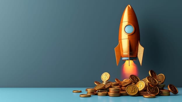 The rocket begins to take off . The concept of financial growth with a rocket taking off.