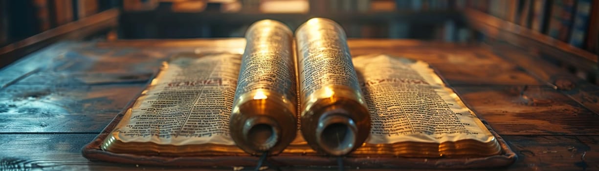 Torah Scrolls Safely Housed in a Softly Lit Ark, The sacred text blurs slightly, emphasizing the reverence and tradition it holds.