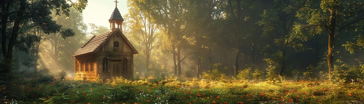 Rustic Wooden Chapel Nestled in Serene Nature, The outline of the humble structure merges with the tranquility of its surroundings.