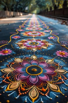 Colorful Hindu Festival Rangoli Blurring into Artistic Devotion, The intricate patterns spread into a vibrant display of culture and prayer.