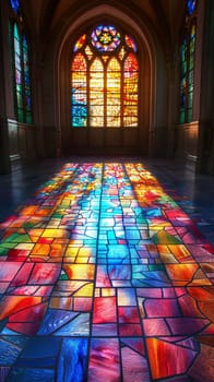 Stained Glass Window Casting Colored Light on a Church Floor, The vibrant hues blend and blur, telling biblical stories in light.