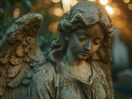 Angel Statue Silently Guarding a Timeless Cemetery, The statue's outline blurs with the trees, a silent sentinel of memory and eternity.