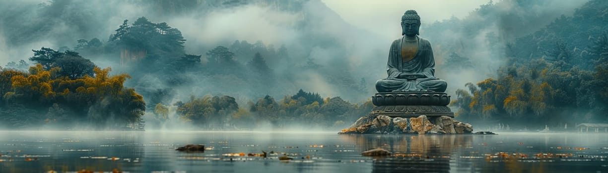 Giant Buddha Statue Overlooking a Misty Landscape, The majestic figure merges with the fog, a sentinel of peace and enlightenment.