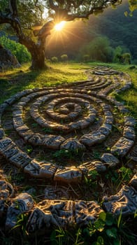 Labyrinth Path for Meditation Weaving Through a Churchyard, The journey's pattern blurs into grass, signifying contemplation and pilgrimage.