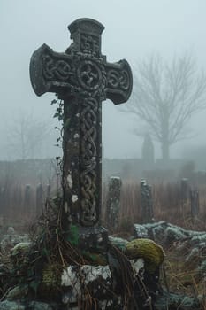 Celtic Cross Standing Solitary in a Misty Field, The cross melds into the morning mist, symbolizing faith and Celtic heritage.