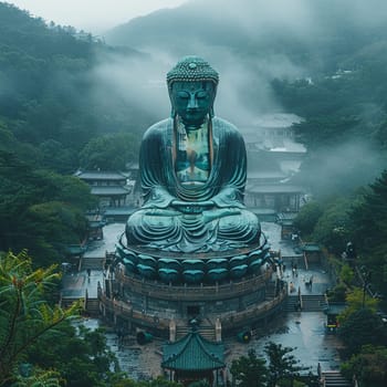 Giant Buddha Statue Overlooking a Misty Landscape, The majestic figure merges with the fog, a sentinel of peace and enlightenment.