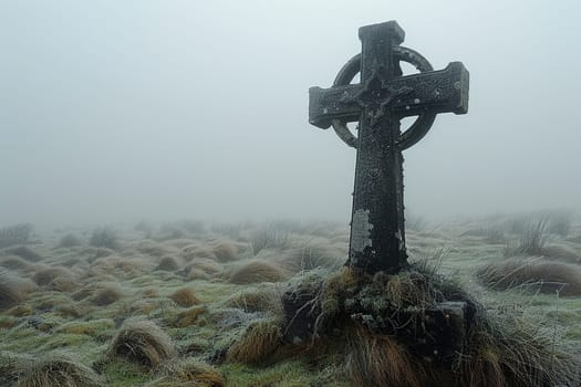 Celtic Cross Standing Solitary in a Misty Field, The cross melds into the morning mist, symbolizing faith and Celtic heritage.