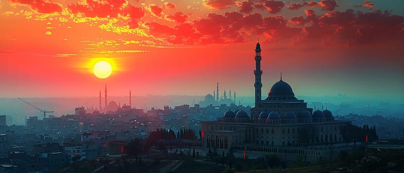 Islamic Minaret Towering Above a Historic City, The tower's silhouette merges with the sky, calling the faithful to prayer.