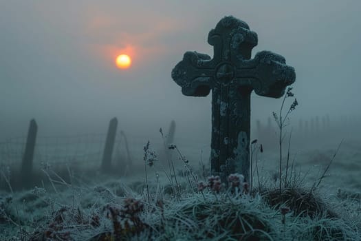 Celtic Cross Standing Solitary in a Misty Field, The cross melds into the morning mist, symbolizing faith and Celtic heritage.