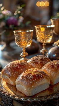 Holy Communion Elements Prepared on an Altar, The bread and wine slightly out of focus, highlighting the sacredness of the ritual.
