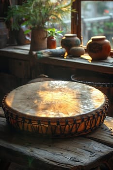 Shamanic Drum Ready for Spiritual Journeying, The instrument blurs into the shadows, a portal to other realms and inner wisdom.