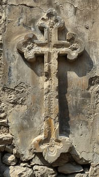 Coptic Christian Cross Engraved in an Ancient Church Wall, The cross merges with aged stone, a sign of resilience and history.