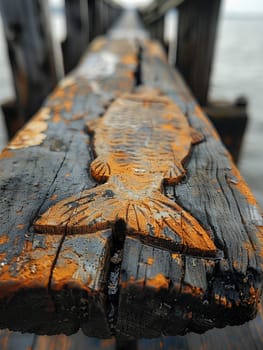 Christian Fish Symbol Etched onto a Weathered Pier, The simple outline blends into the wood, signifying faith and fellowship.