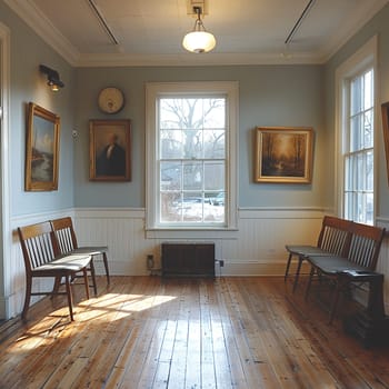 Quaker Simplicity in a Plain Meeting Room, The room's sparse furnishings blur into a space of peace and silent reflection.