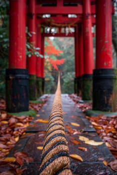 Shinto Sacred Rope Marking the Entrance to a Spiritual Space, The rope blends into the shrine, demarcating a boundary of purity and the divine.