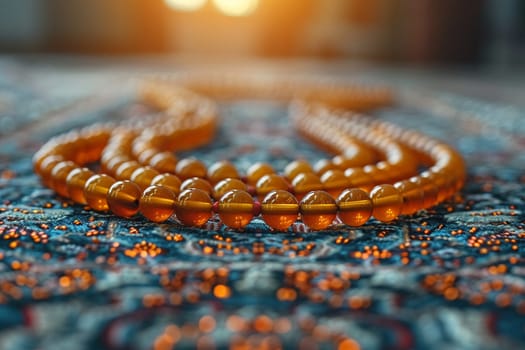 Muslim Prayer Beads Laid Gently on a Prayer Mat, The beads' outline softens, signifying devotion and the recitation of prayers.