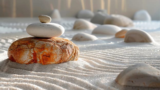 Tranquil Zen Garden Raked into Patterns of Harmony, The soft lines in sand suggest mindfulness and the pursuit of spiritual balance.
