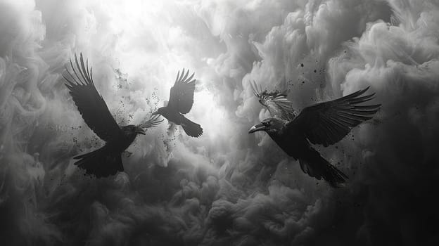 Norse God Odin's Ravens in Flight, Their shapes blending into the sky, messengers of wisdom and war.