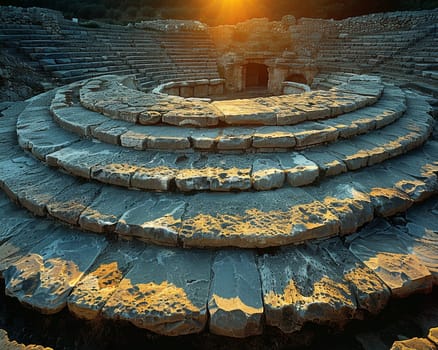 Greek Amphitheater Echoing Ancient Philosophical Debates, The stone tiers blur into a historical venue for thought and discourse.