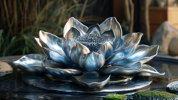 Buddhist Lotus Flower Sculpture Emerging from Water, The flower's shape softens into the surface, signifying purity and spiritual unfolding.