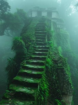 Mayan Pyramid Edges Blurring into a Jungle Canopy, The structure's silhouette merges with the foliage, a relic of Mesoamerican spirituality.