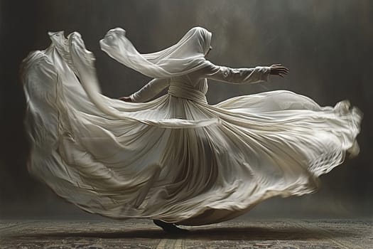 Sufi Whirling Dervish Skirts in Gentle Rotation, The skirts' motion blurs, capturing the spiritual ecstasy and devotion of the dance.
