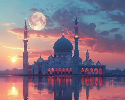 Islamic Crescent Moon Rising Over a Quiet Mosque, The celestial symbol blends into the twilight, marking the significance of time and worship.