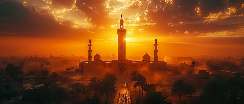 Islamic Minaret Towering Above a Historic City, The tower's silhouette merges with the sky, calling the faithful to prayer.