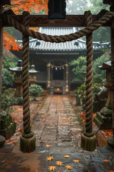 Shinto Sacred Rope Marking the Entrance to a Spiritual Space, The rope blends into the shrine, demarcating a boundary of purity and the divine.