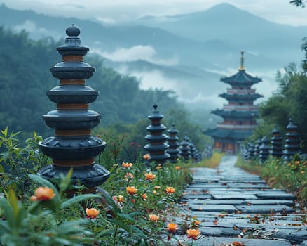 Buddhist Prayer Wheels Spinning Alongside a Mountain Path, The motion blur suggests the ongoing prayers and spirituality of the faithful.