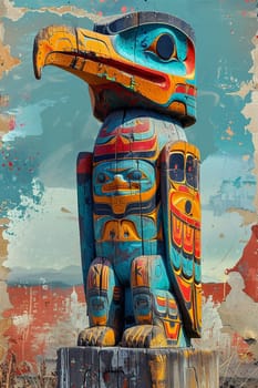 Native American Totem Pole Telling Stories in Faded Colors, The historical narrative merges with the sky, telling tales of spirituality and life.