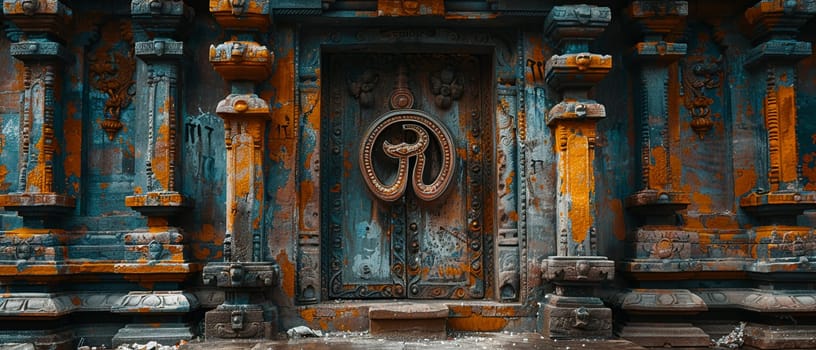 Hindu Om Symbol Adorning a Temple Entrance, The sacred sound's representation blends into the structure, inviting spiritual reflection.