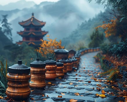 Buddhist Prayer Wheels Spinning Alongside a Mountain Path, The motion blur suggests the ongoing prayers and spirituality of the faithful.