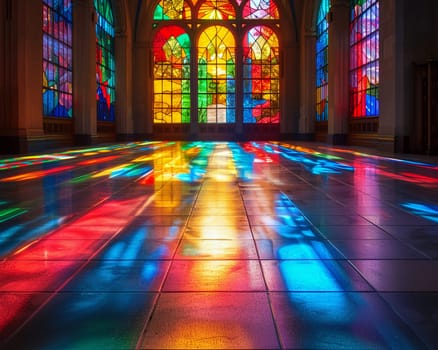 Stained Glass Window Casting Colored Light on a Church Floor, The vibrant hues blend and blur, telling biblical stories in light.