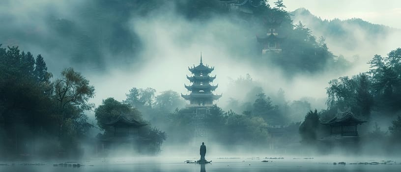 Bodhisattva Statues in Misty Mountain Temples, The figures blur into the mist, embodying compassion and the path to enlightenment.