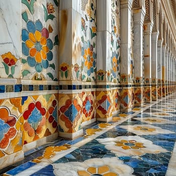 Islamic Geometric Patterns Cascading Across a Mosque Wall, The complex designs blend into a testament to creativity and divine inspiration.